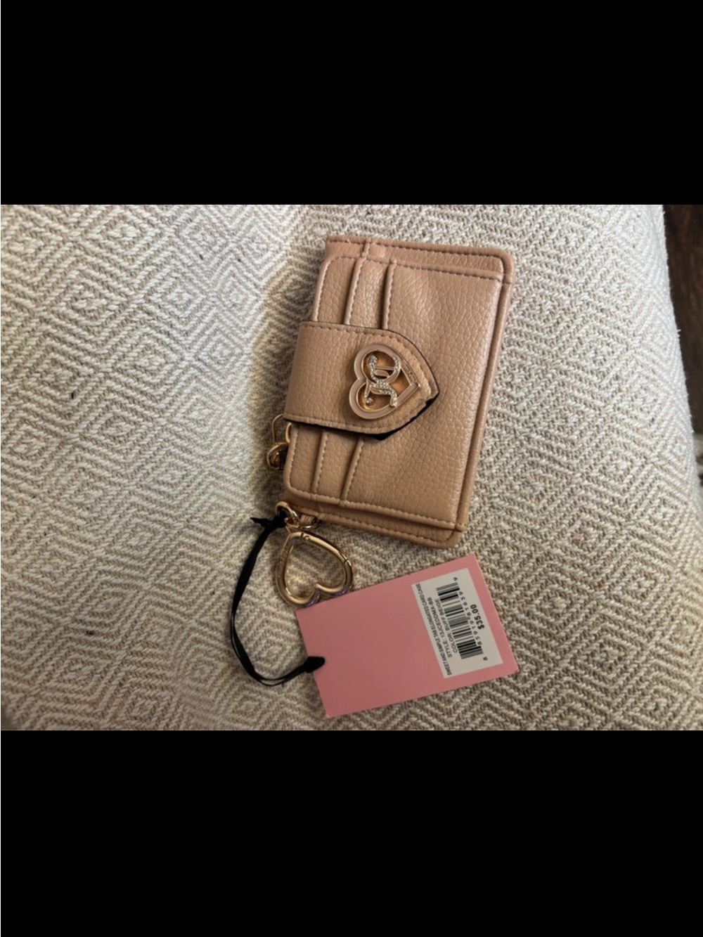 Juicy Couture Beige Card Holder Keychain with Gold Heart Logo